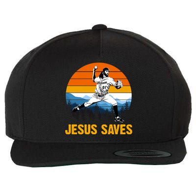 Jesus Saves Retro Baseball Pitcher Wool Snapback Cap