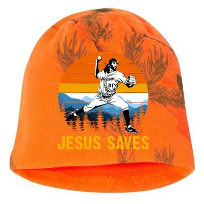 Jesus Saves Retro Baseball Pitcher Kati - Camo Knit Beanie