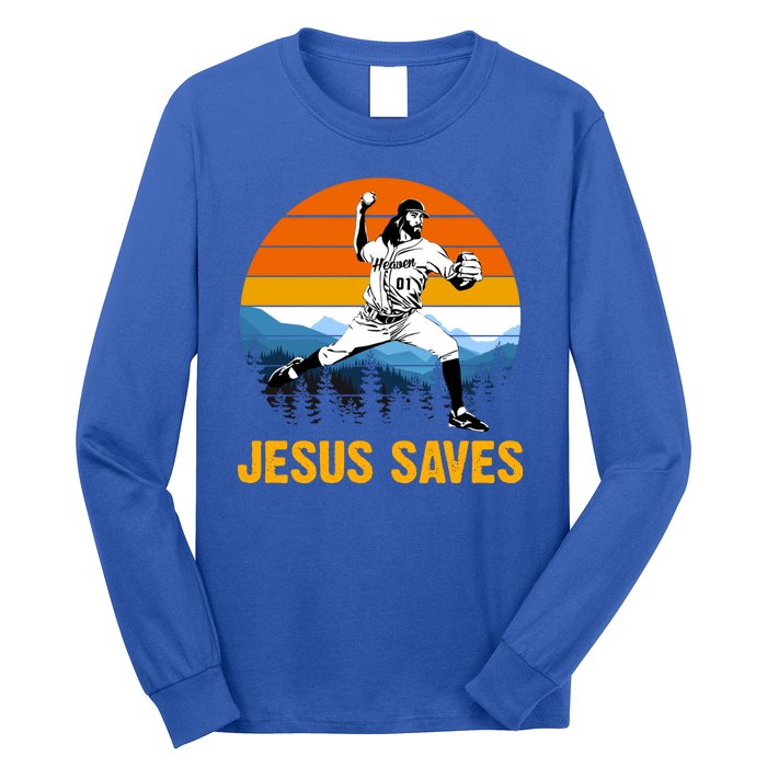 Jesus Saves Retro Baseball Pitcher Long Sleeve Shirt