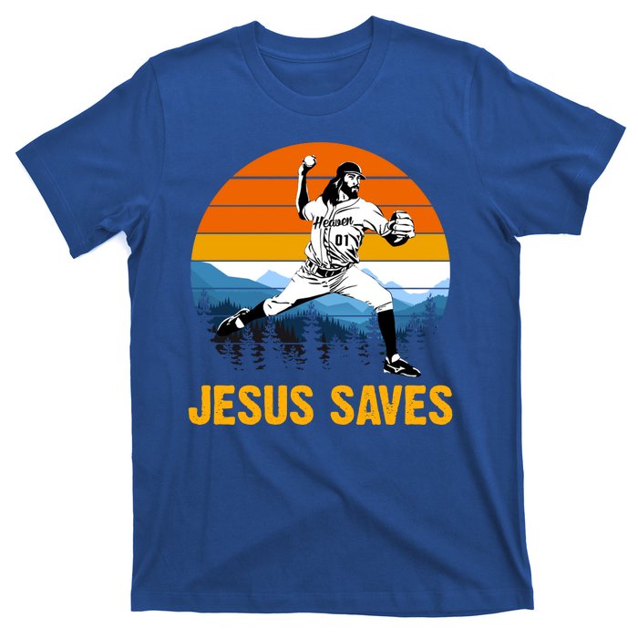 Jesus Saves Retro Baseball Pitcher T-Shirt