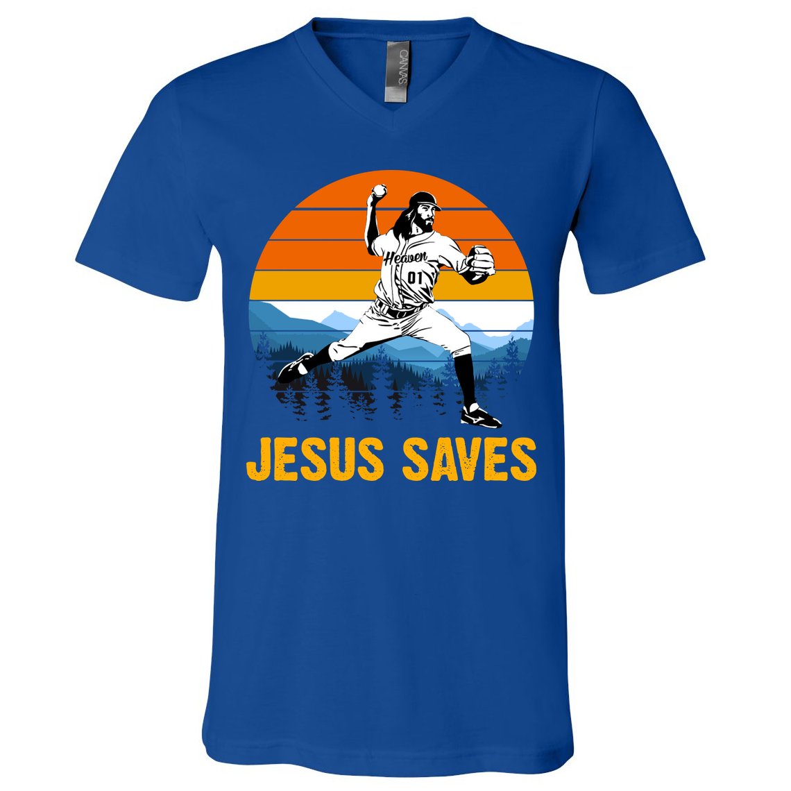 Jesus Saves Retro Baseball Pitcher V-Neck T-Shirt
