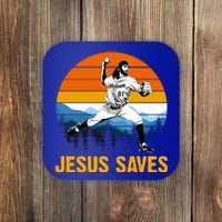 Jesus Saves Retro Baseball Pitcher Coaster