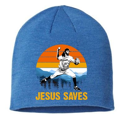 Jesus Saves Retro Baseball Pitcher Sustainable Beanie