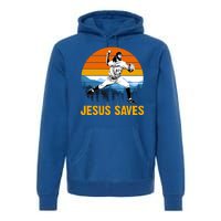 Jesus Saves Retro Baseball Pitcher Premium Hoodie