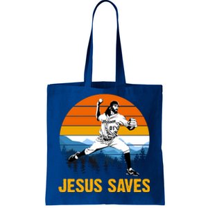 Jesus Saves Retro Baseball Pitcher Tote Bag