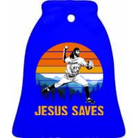 Jesus Saves Retro Baseball Pitcher Ceramic Bell Ornament