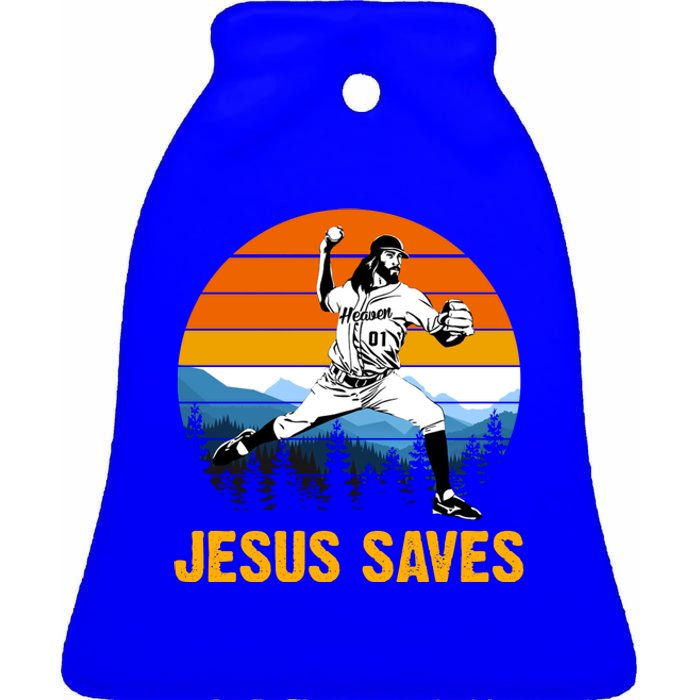 Jesus Saves Retro Baseball Pitcher Ceramic Bell Ornament