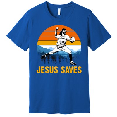 Jesus Saves Retro Baseball Pitcher Premium T-Shirt