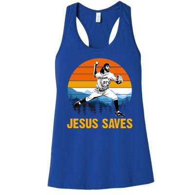 Jesus Saves Retro Baseball Pitcher Women's Racerback Tank