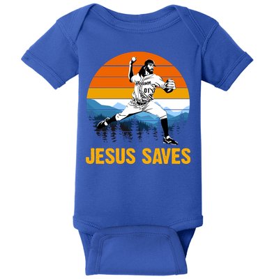 Jesus Saves Retro Baseball Pitcher Baby Bodysuit