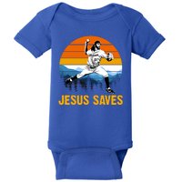 Jesus Saves Retro Baseball Pitcher Baby Bodysuit