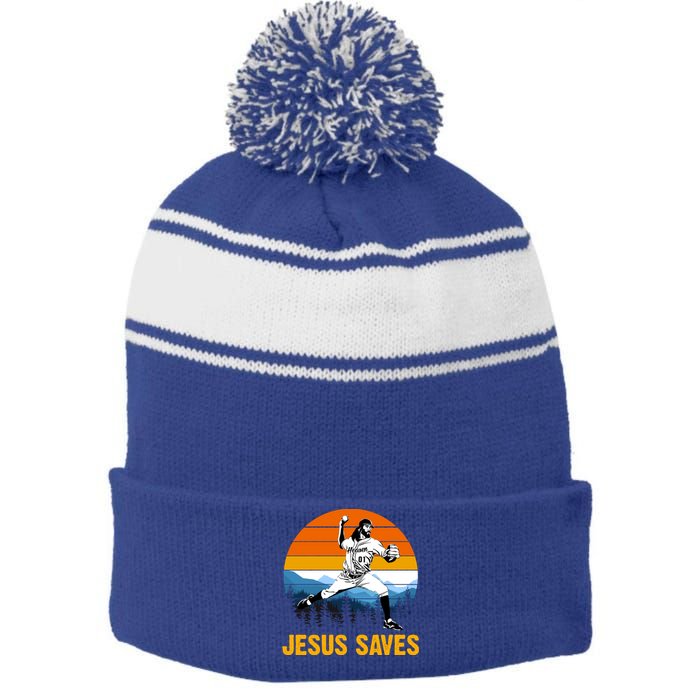 Jesus Saves Retro Baseball Pitcher Stripe Pom Pom Beanie