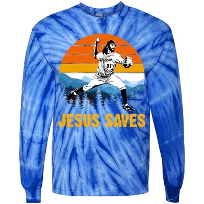 Jesus Saves Retro Baseball Pitcher Tie-Dye Long Sleeve Shirt