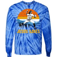 Jesus Saves Retro Baseball Pitcher Tie-Dye Long Sleeve Shirt