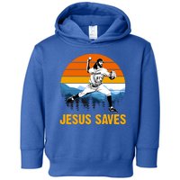 Jesus Saves Retro Baseball Pitcher Toddler Hoodie