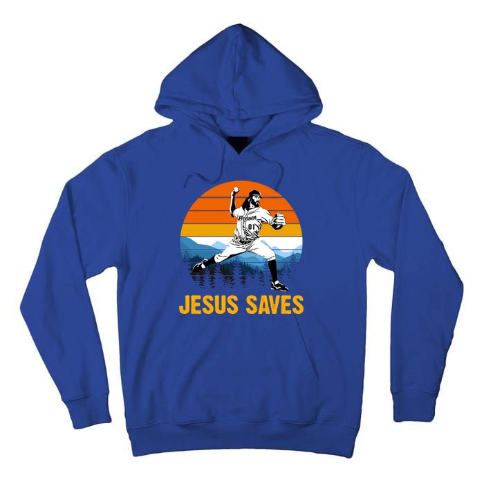 Jesus Saves Retro Baseball Pitcher Tall Hoodie