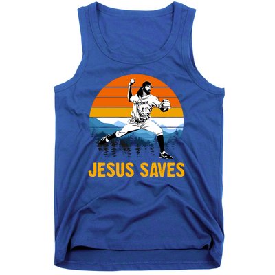 Jesus Saves Retro Baseball Pitcher Tank Top