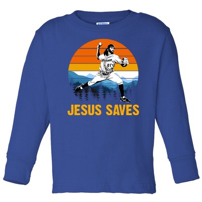 Jesus Saves Retro Baseball Pitcher Toddler Long Sleeve Shirt