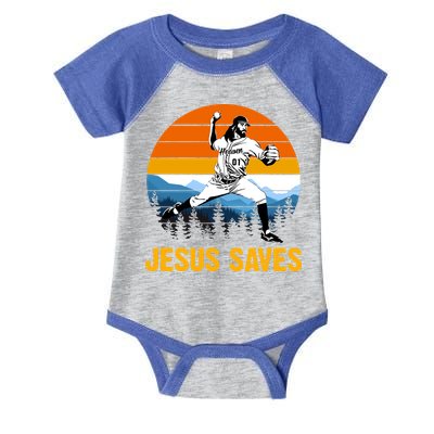 Jesus Saves Retro Baseball Pitcher Infant Baby Jersey Bodysuit
