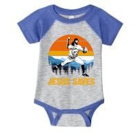 Jesus Saves Retro Baseball Pitcher Infant Baby Jersey Bodysuit