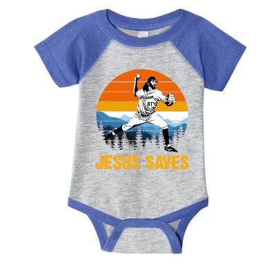 Jesus Saves Retro Baseball Pitcher Infant Baby Jersey Bodysuit