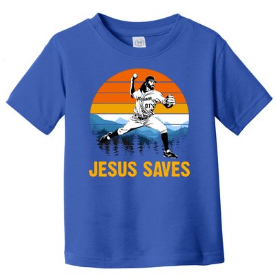 Jesus Saves Retro Baseball Pitcher Toddler T-Shirt