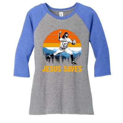 Jesus Saves Retro Baseball Pitcher Women's Tri-Blend 3/4-Sleeve Raglan Shirt