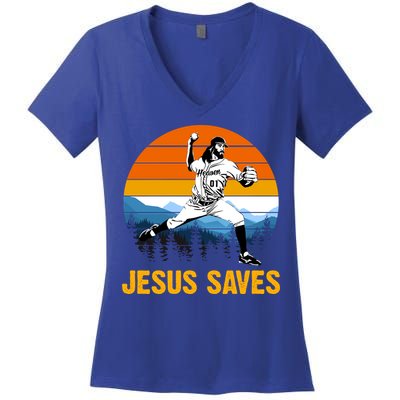 Jesus Saves Retro Baseball Pitcher Women's V-Neck T-Shirt