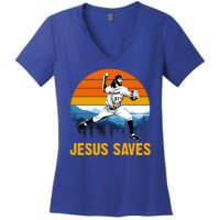 Jesus Saves Retro Baseball Pitcher Women's V-Neck T-Shirt