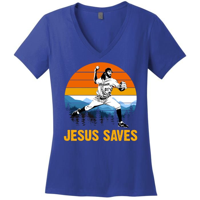 Jesus Saves Retro Baseball Pitcher Women's V-Neck T-Shirt