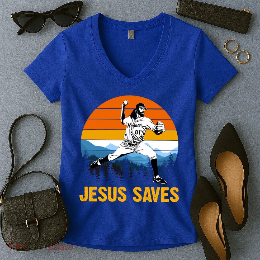 Jesus Saves Retro Baseball Pitcher Women's V-Neck T-Shirt