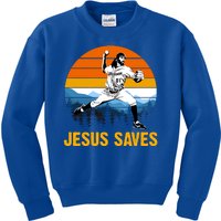 Jesus Saves Retro Baseball Pitcher Kids Sweatshirt