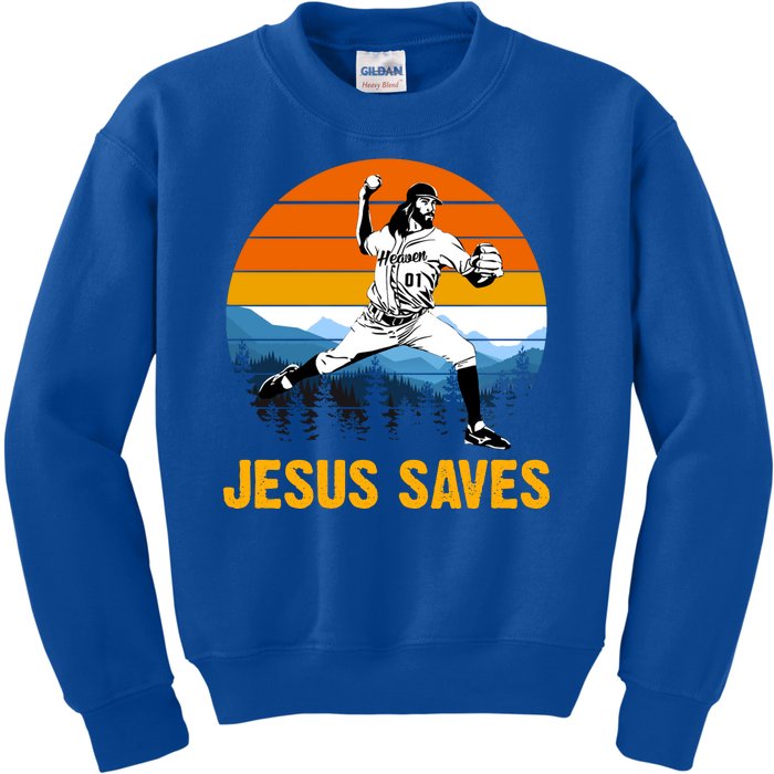 Jesus Saves Retro Baseball Pitcher Kids Sweatshirt