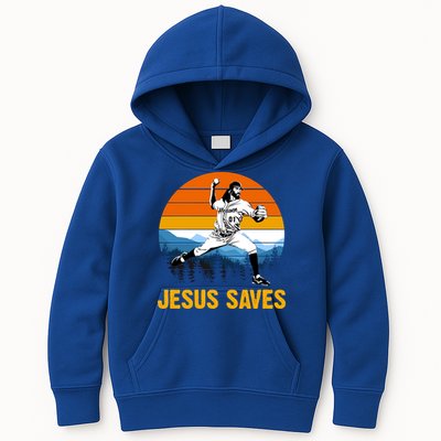 Jesus Saves Retro Baseball Pitcher Kids Hoodie