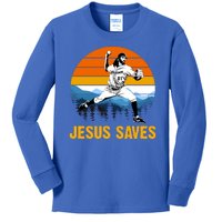 Jesus Saves Retro Baseball Pitcher Kids Long Sleeve Shirt