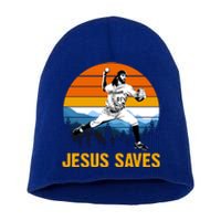 Jesus Saves Retro Baseball Pitcher Short Acrylic Beanie