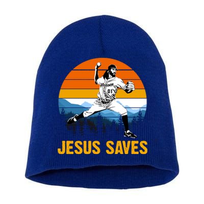 Jesus Saves Retro Baseball Pitcher Short Acrylic Beanie