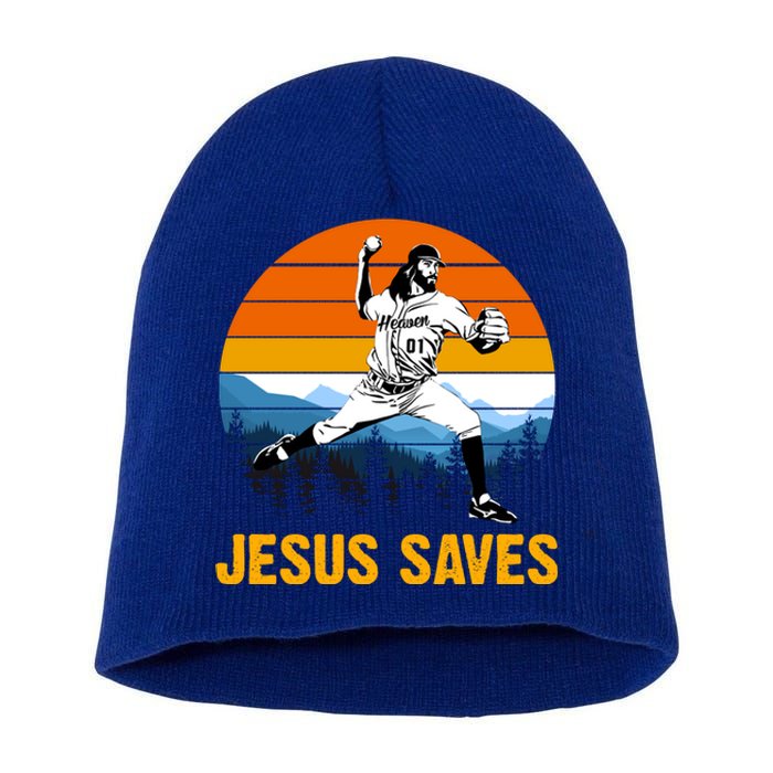 Jesus Saves Retro Baseball Pitcher Short Acrylic Beanie