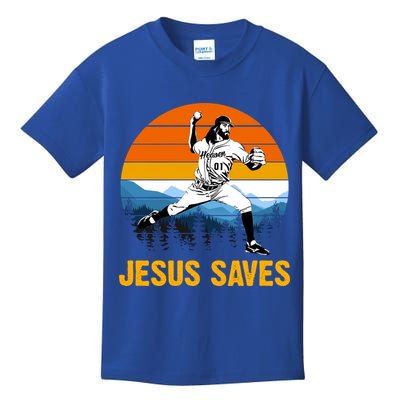 Jesus Saves Retro Baseball Pitcher Kids T-Shirt