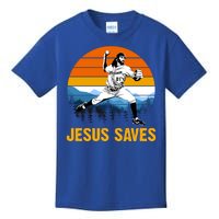 Jesus Saves Retro Baseball Pitcher Kids T-Shirt