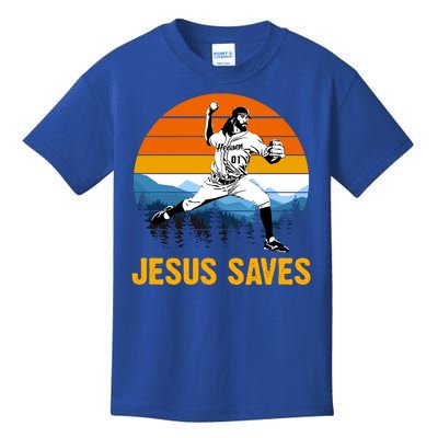 Jesus Saves Retro Baseball Pitcher Kids T-Shirt