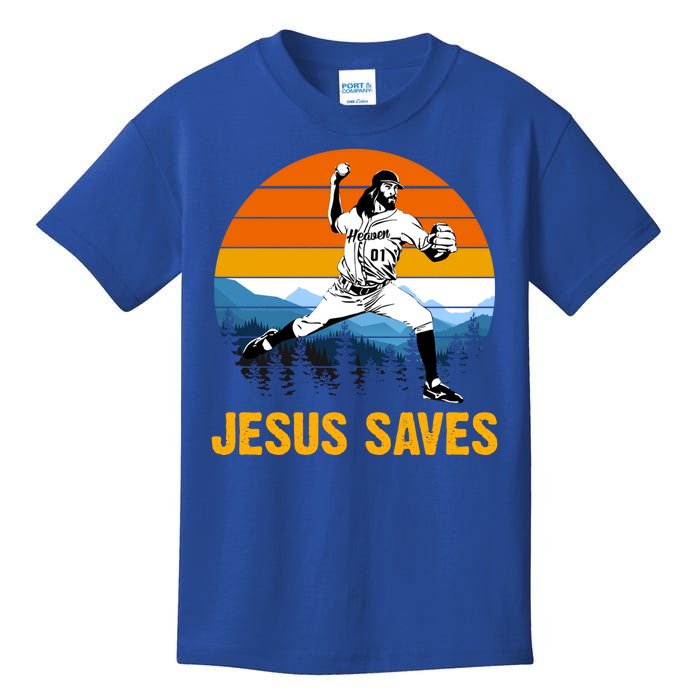 Jesus Saves Retro Baseball Pitcher Kids T-Shirt