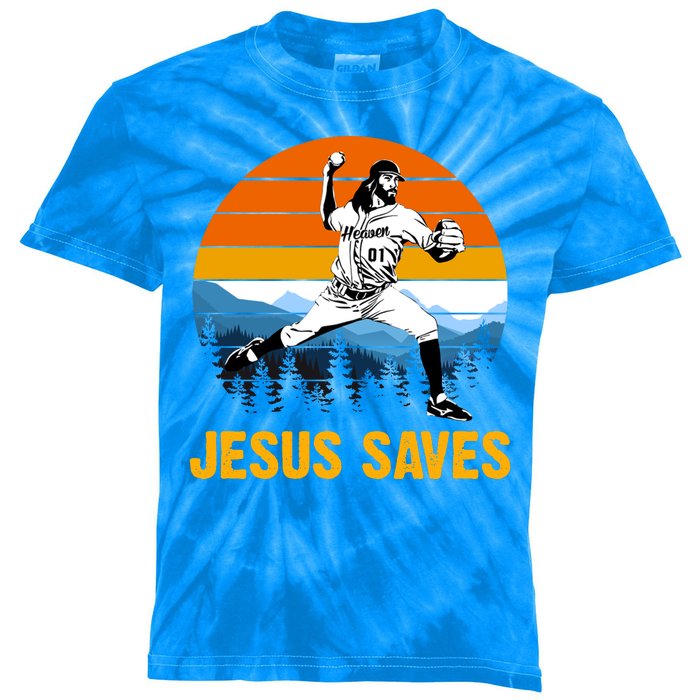 Jesus Saves Retro Baseball Pitcher Kids Tie-Dye T-Shirt