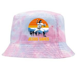 Jesus Saves Retro Baseball Pitcher Tie-Dyed Bucket Hat