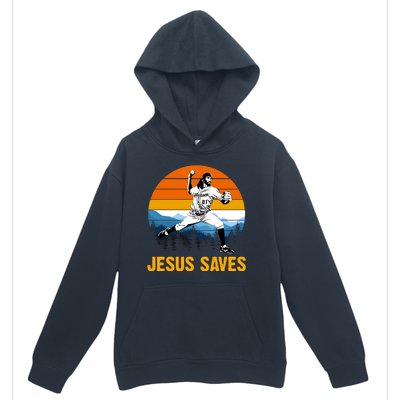 Jesus Saves Retro Baseball Pitcher Urban Pullover Hoodie