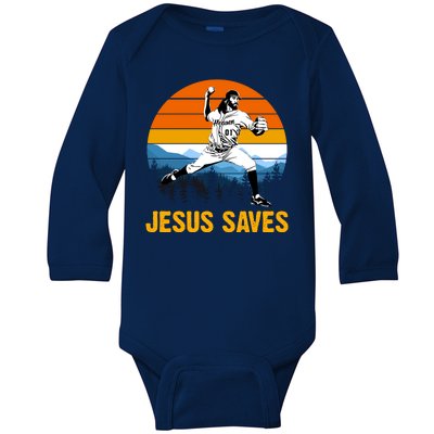 Jesus Saves Retro Baseball Pitcher Baby Long Sleeve Bodysuit