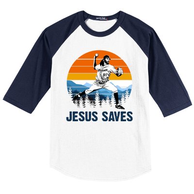 Jesus Saves Retro Baseball Pitcher Baseball Sleeve Shirt