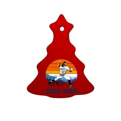 Jesus Saves Retro Baseball Pitcher Ceramic Tree Ornament