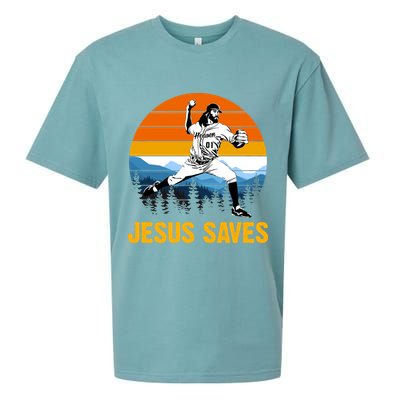 Jesus Saves Retro Baseball Pitcher Sueded Cloud Jersey T-Shirt