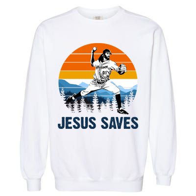 Jesus Saves Retro Baseball Pitcher Garment-Dyed Sweatshirt